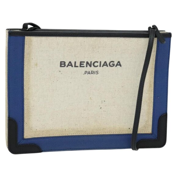 BALENCIAGA Navy Pochette Shoulder Bag Coated Canvas Beige Blue Auth bs22669 - Picture 1 of 16